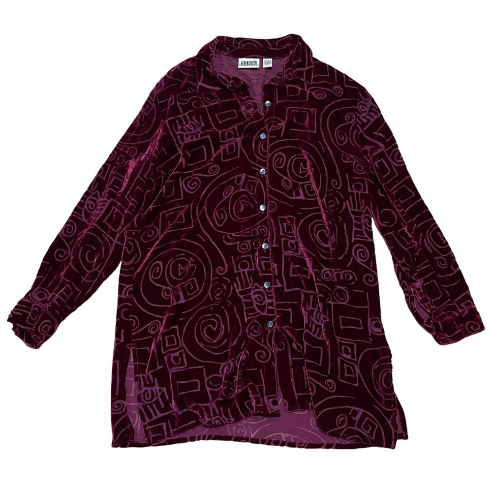 Chicos Design Women's M Maroon Velvet Burnout‎ Tunic Top Long Sleeve Button Down